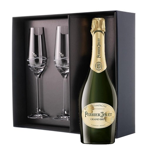 Perrier Jouet Grand Brut Champagne 75cl And Flutes In Pine Wooden Gift Box